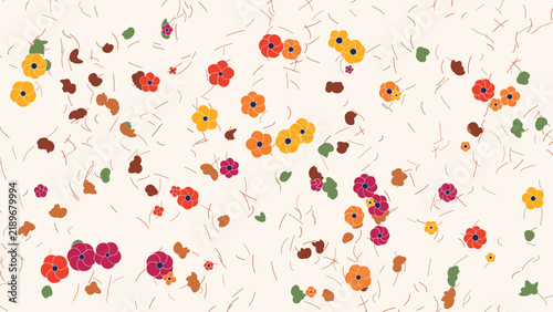 Scattered floral pattern with red, orange, and yellow flowers on a pale cream background, with lines
