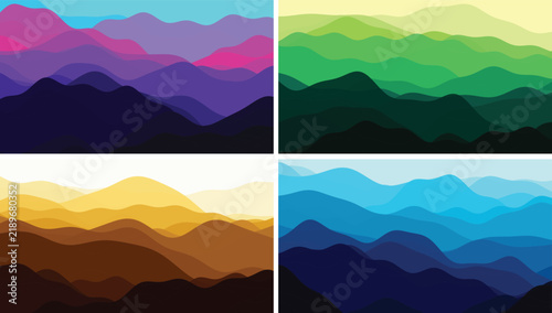 Set of four abstract landscapes featuring layered wavy mountain silhouettes in purple, green, gold, blue
