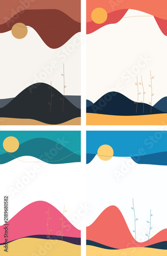 Six abstract landscapes with wavy shapes, circles, and thin line plant motifs in flat color style