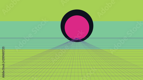 Synthwave landscape with a pink circle, dark blue horizon grid, and lime green striped background