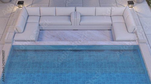 Quadro su tela 3D rendering of a luxurious outdoor living space featuring a modern sunken U-shaped sofa area adjacent to a swimming pool with beautiful blue tiles