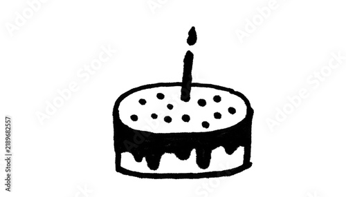 Birthday Cake Doodle, Hand Drawn Cake with Candle Line Art Illustration, Black and White Cartoon Sketch