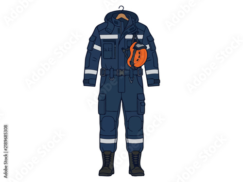 фотографія A professional dark blue industrial work coverall with safety reflective stripes and a protective helmet