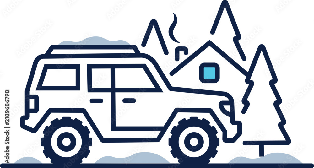 Obraz premium Off Road SUV in Snowy Mountain Cabin Landscape Vector