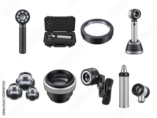 Eight piece dermatoscope and diagnostic accessory collection on transparent background