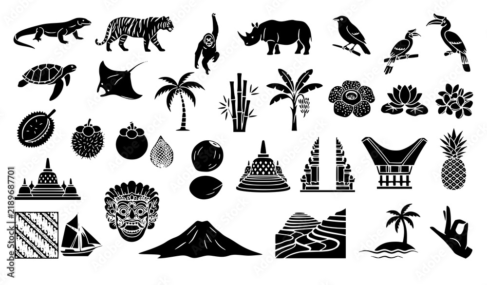 Fototapeta premium Indonesian Islands Travel Tropical Wildlife and Culture Glyph Set