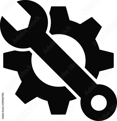 A black icon featuring a wrench crossed over a gear, representing settings, repair, maintenance, or technical support