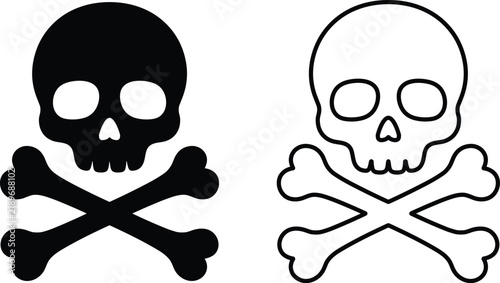 Black and white skull and crossbones icons set featuring solid silhouette and outline versions on white background