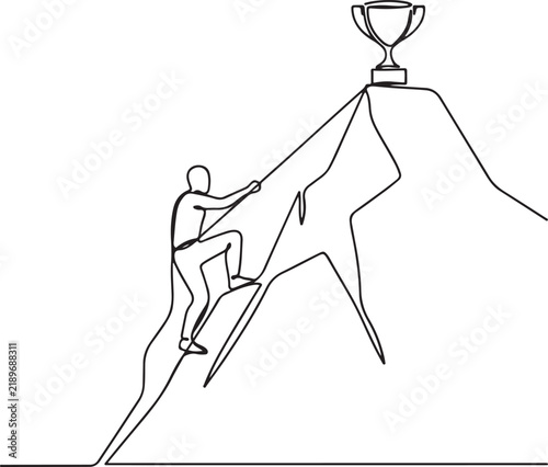 Single one line drawing climber hanging on rope and pulling himself on top of rocky mountain wall to reach trophy. one line art icon drawing