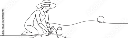 Continuous one line drawing young female farmer planting plant shoots in the ground. Start the planting period. Success farming minimalist concept. one line art icon drawing