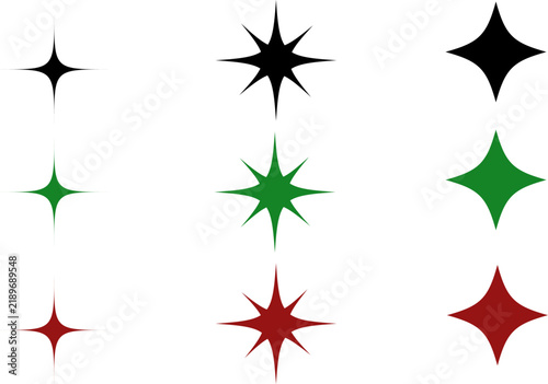 A collection of various star shapes in different sizes and colors isolated on a plain white background design element