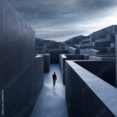 A solitary figure navigating through a vast, intricate concrete maze under a dramatic, overcast sky symbolizing challenge and determination