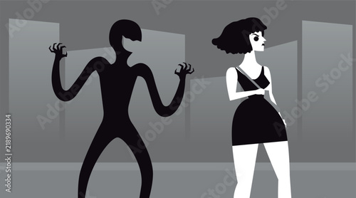 Foto beautiful woman harassed by a threatening shadow on the street