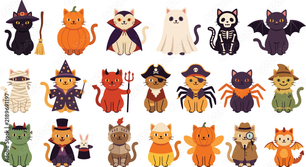 Obraz premium A collection of cute cartoon cats dressed in various creative costumes for a fun halloween party celebration