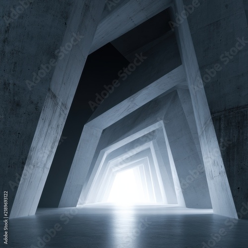 Futuristic empty corridor with angular concrete structures illuminated by bright light at the end, creating a modern architectural abstract tunnel effect