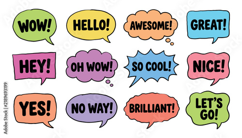 A collection of colorful hand drawn speech bubbles featuring positive expressions in a fun comic style vector illustration set for creative design projects