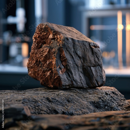 Metallic ore rock featuring copper-rich surface and dark mineral textures displayed in an industrial laboratory setting with modern lighting in background