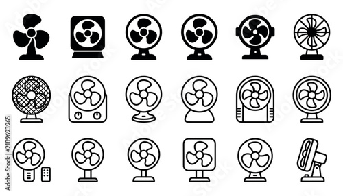 A collection of various electric fan icons presented as a detailed black and white vector illustration set for cooling and ventilation design projects