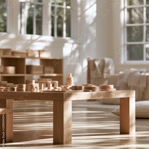 Sunlit minimalist wooden children?s play table with natural wooden blocks in a cozy, bright, and airy classroom environment with soft furnishings and shelves