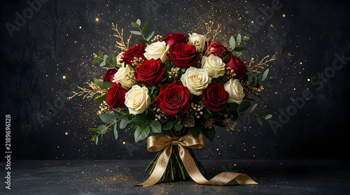 Beautiful bouquet of red and white roses with a decorative ribbon on a dark background for special events