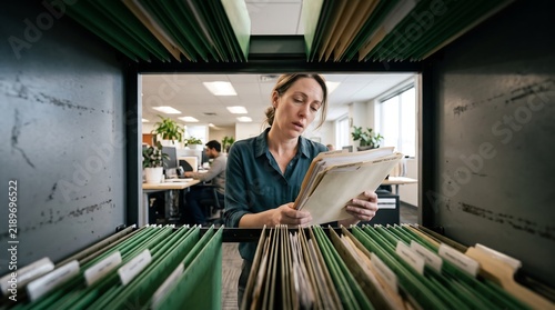 Professional archivist organizing medical patient files in modern office with copy space