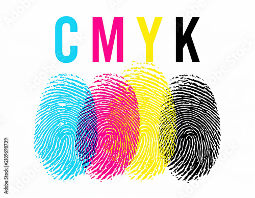CMYK Fingerprints in Cyan Magenta Yellow and Black on White Background - Printing Color Concept