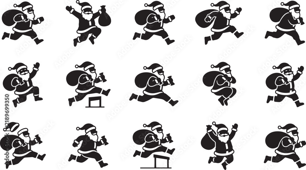 Fototapeta premium Set of black and white action poses of santa claus carrying a sack