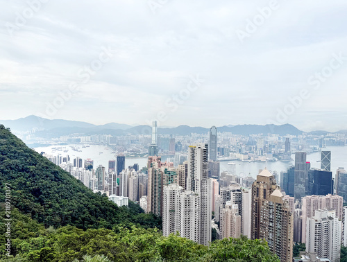 Photography Panoramic view of Hong Kong skyline with skyscrapers and green hillsides on display