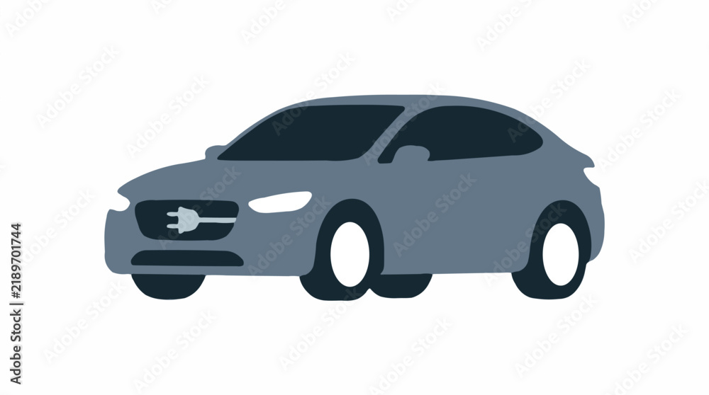 Fototapeta premium Flat design vector illustration of a modern electric car with a charging plug symbol on the grille, isolated on white.