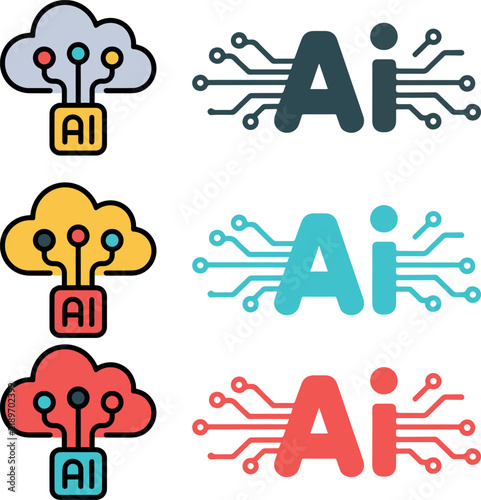 Ai and neural network colorful icons with circuit letters