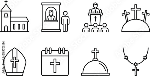 Bild auf Leinwand Christian church religion and holy cross line icon set featuring priest confessi