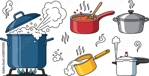 Foto Cooking pots and kitchen pans cartoon vector illustration set with boiling soup