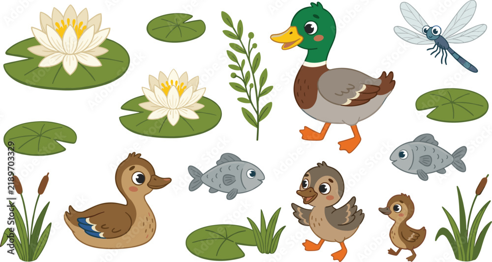 Obraz premium Cute pond life animal set featuring mallard duck ducklings fish water lily vector illustration