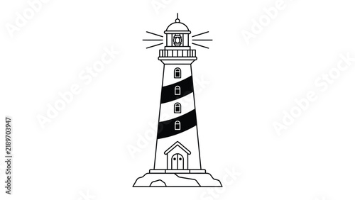 Obraz na plátne Lighthouse Beacon: A striking illustration of a lighthouse, with its iconic black and white stripes, stands tall against a clear sky, casting its guiding light across the sea