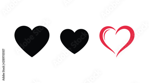 Three heart shapes in black and red against a white background