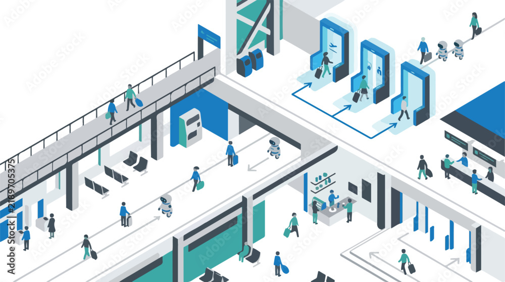 Obraz premium Isometric view of a smart airport terminal with scattered minimalist travelers, glowing biometric gates, and small AI helper bots. Lots of white space, clean architectural lines. Trace
