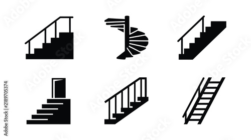 Black staircase silhouettes depict various architectural designs on a white background