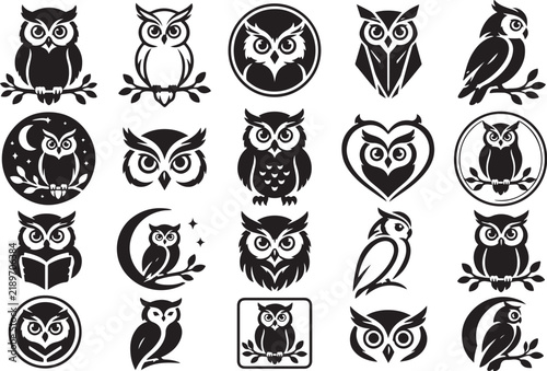 Owl Logo Icon Collection with Black Silhouette Bird Emblems, Wise Owl Symbols and Decorative Badge Designs