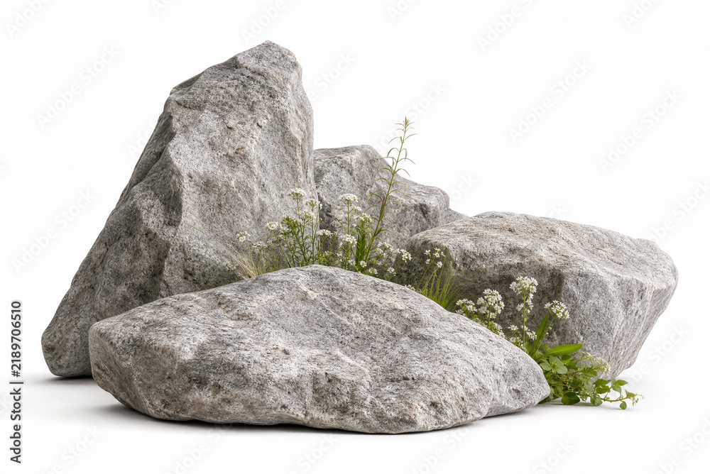 Fototapeta premium Several large gray rocks with rough textures and small green plants growing between them, set against a plain white background. Suitable for nature, landscape, or outdoor design themes.