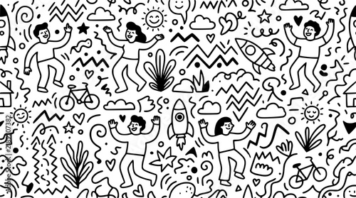 Childish doodle funky seamless pattern with cute illustrations.