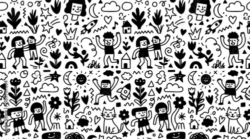 Childish doodle funky seamless pattern with cute illustrations.