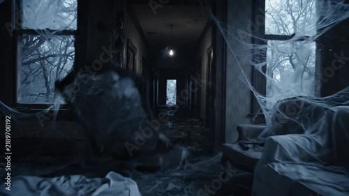 Spooky Haunted House Interior with Cobwebs and Paranormal Activity