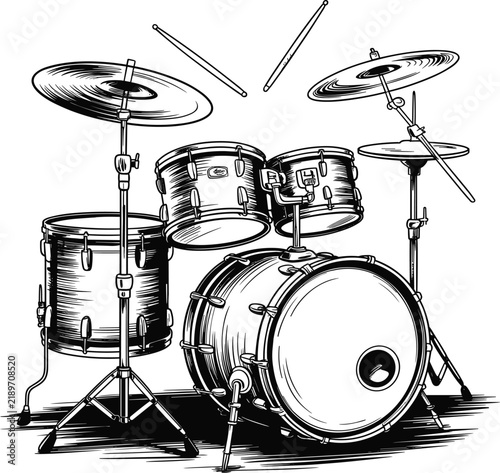 Photography Black and white illustration of a drum kit with cymbals and drumsticks