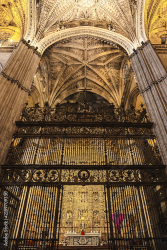 Fotografie Ornate iron choir screen framing the golden altarpiece beneath Gothic vaults in