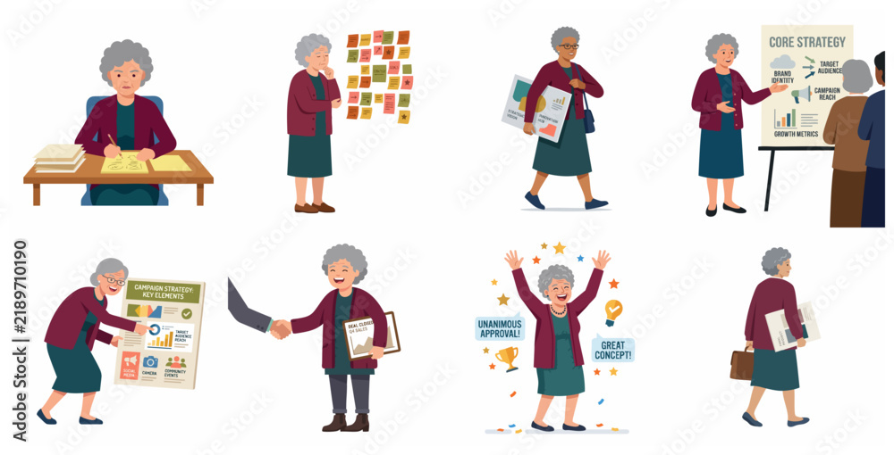 Fototapeta premium Senior Business Woman Character Set in Various Professional Office Scenarios