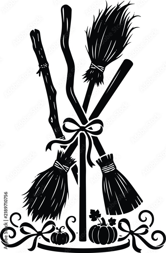 Fototapeta premium Festive black and white vector silhouette illustration of multiple crossed witch broomsticks tied with a ribbon for halloween decorations