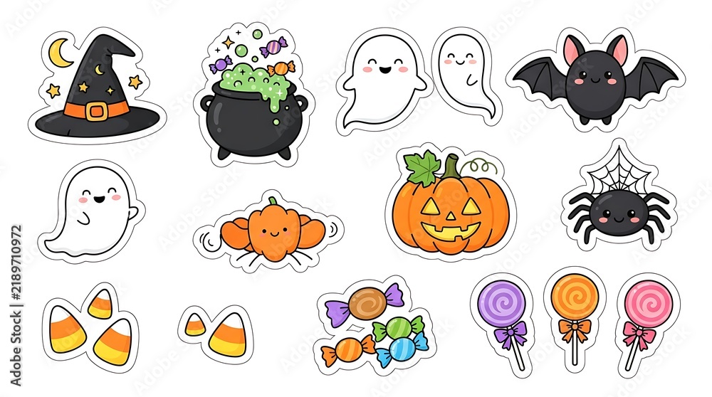 Fototapeta premium Collection of hand drawn halloween themed illustrations including pumpkins bats and spiders