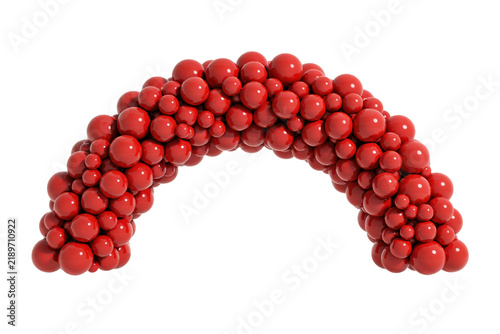 A large arch made of many shiny red balloons of various sizes arranged in a dense cluster for party decoration isolated on a transparent background
