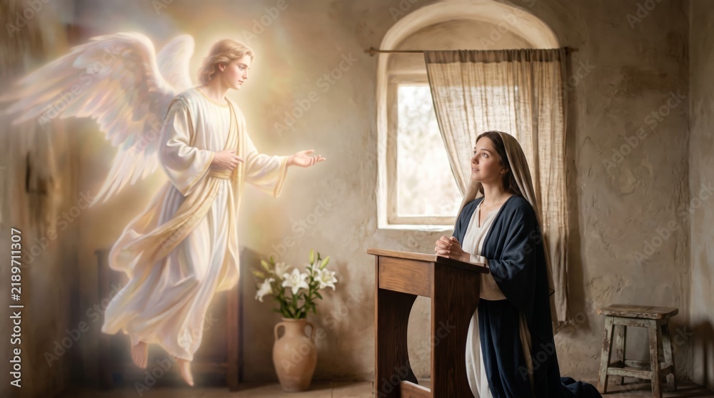 Fototapeta premium Angel Gabriel announcing to kneeling virgin Mary in ancient room. Biblical annunciation scene with glowing angel and white lilies.