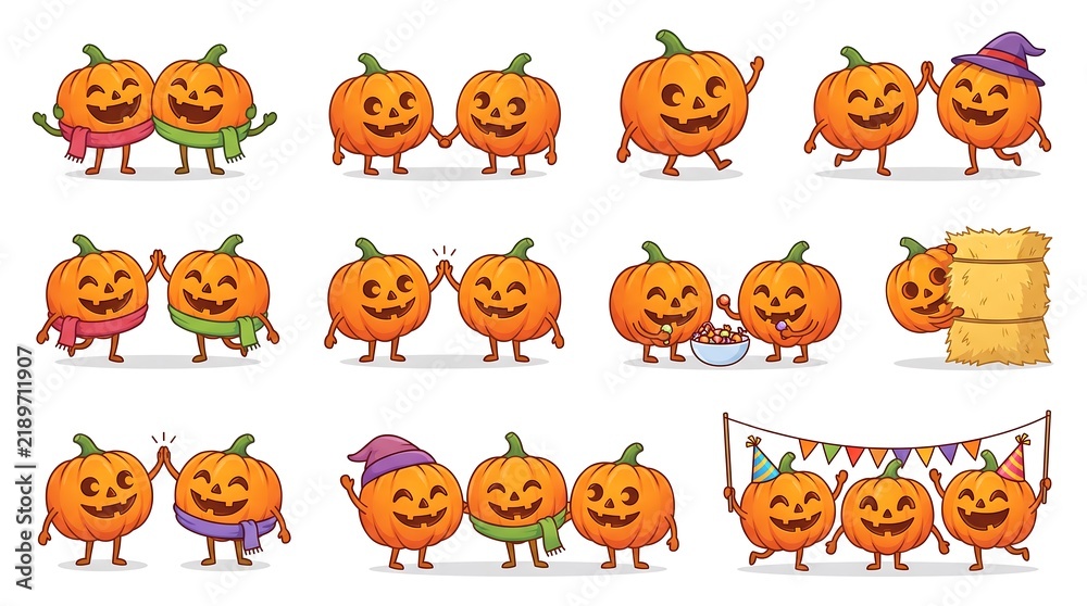 Obraz premium Friendly halloween pumpkin characters interacting and celebrating together for group social projects.
